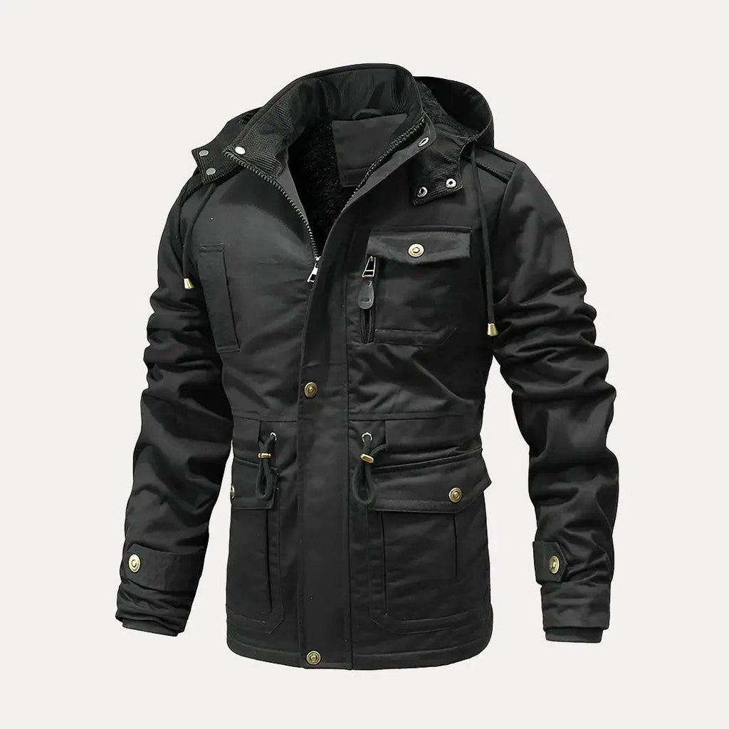 Black jacket with multiple pockets and buttons on a white background