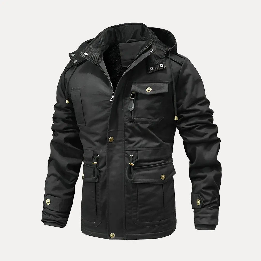 Black jacket with multiple pockets and buttons on a white background