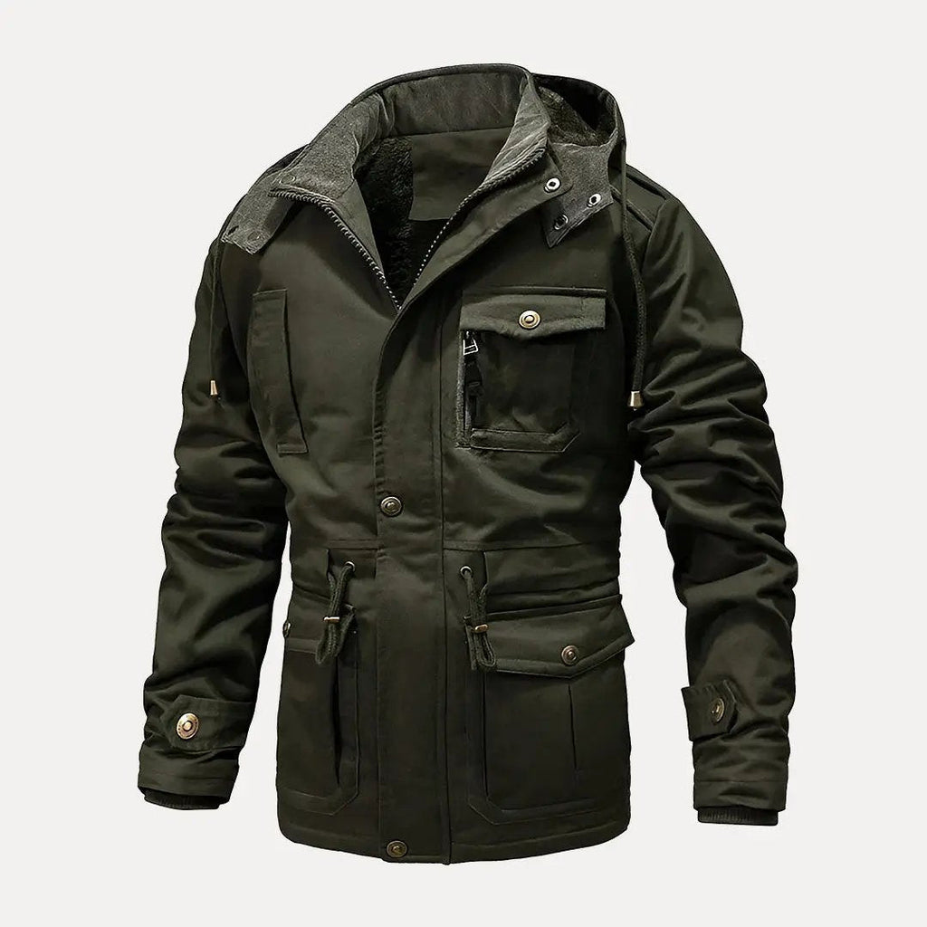 Green jacket with gray hood on a light gray background