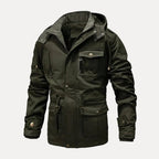Green jacket with gray hood on a light gray background