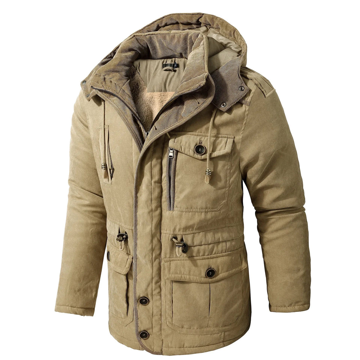 Beige winter jacket with a hood on a white background