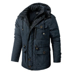A dark navy blue hooded winter jacket with multiple flap pockets and brass-tone snap buttons, shown on a plain white background.