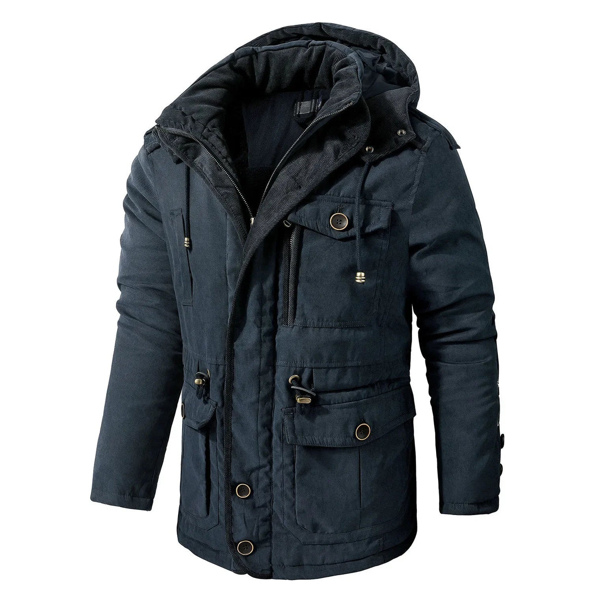 A dark navy blue hooded winter jacket with multiple flap pockets and brass-tone snap buttons, shown on a plain white background.