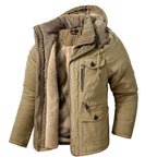 Beige winter jacket with a hood on a white background
