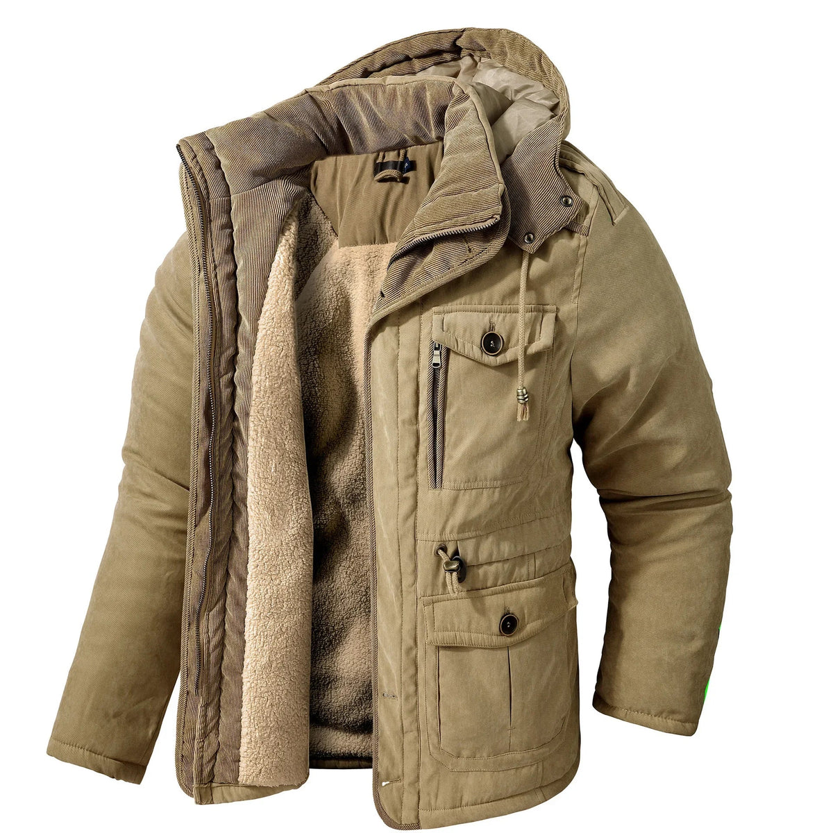 Beige winter jacket with a hood on a white background