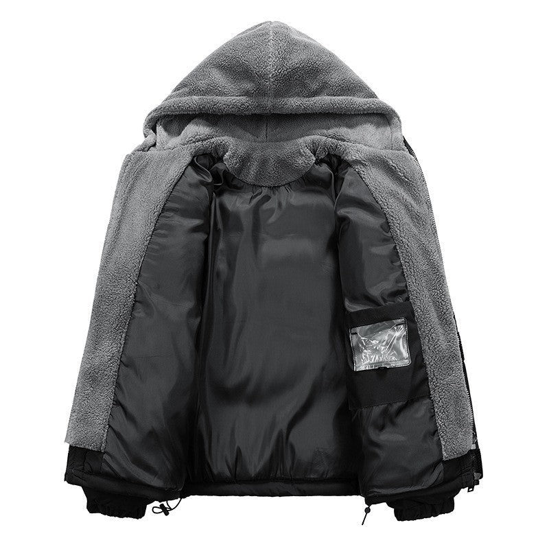 Black jacket with gray hood on a white background