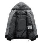 Black jacket with gray hood on a white background