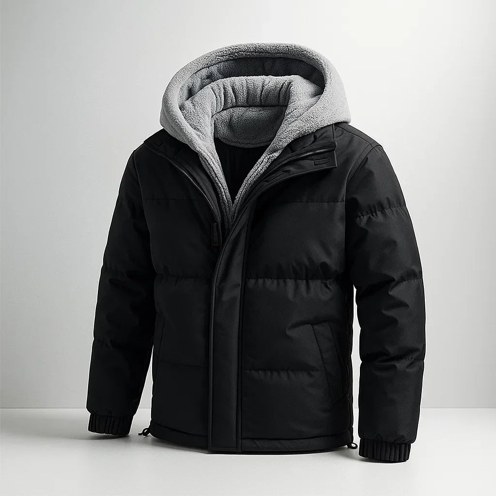 Black winter jacket with gray hood on a light gray background