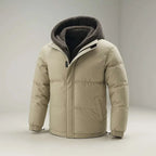 Beige puffer jacket with a gray hood on a light gray background