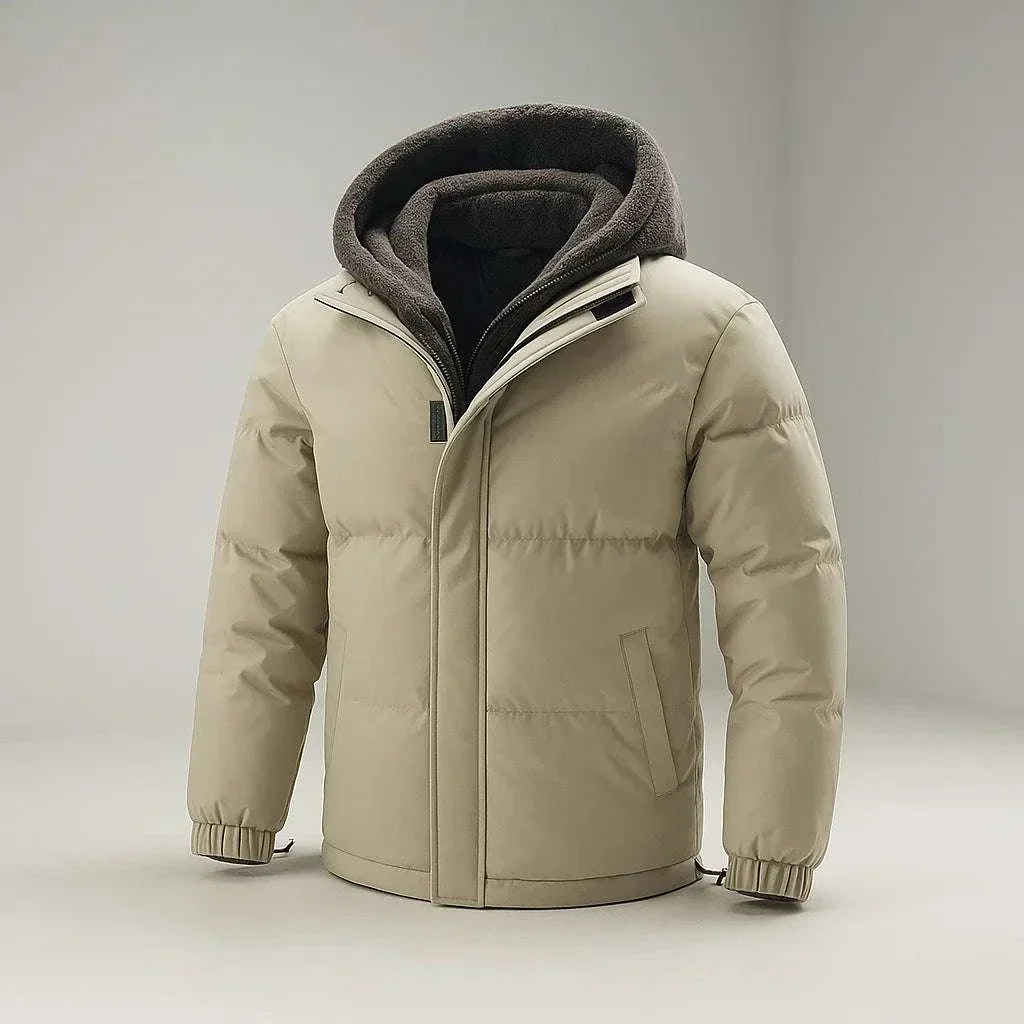Beige puffer jacket with a gray hood on a light gray background