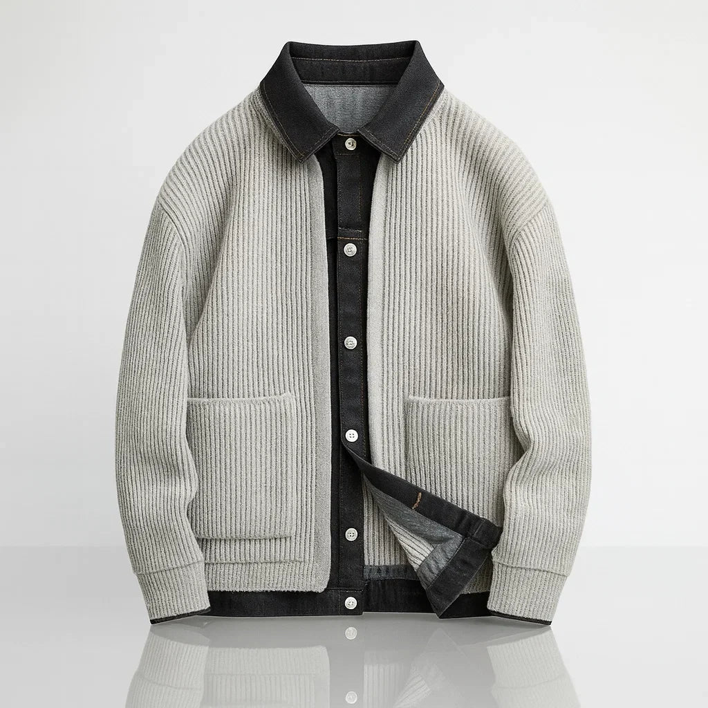 Gray ribbed sweater with black collar and buttons on a light gray background