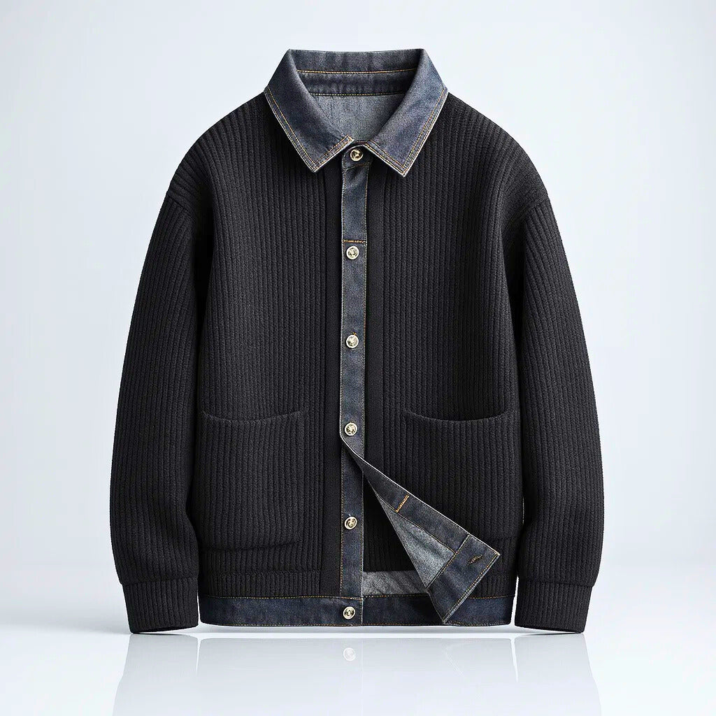 Black ribbed knit cardigan with denim collar and pocket trim on a white background