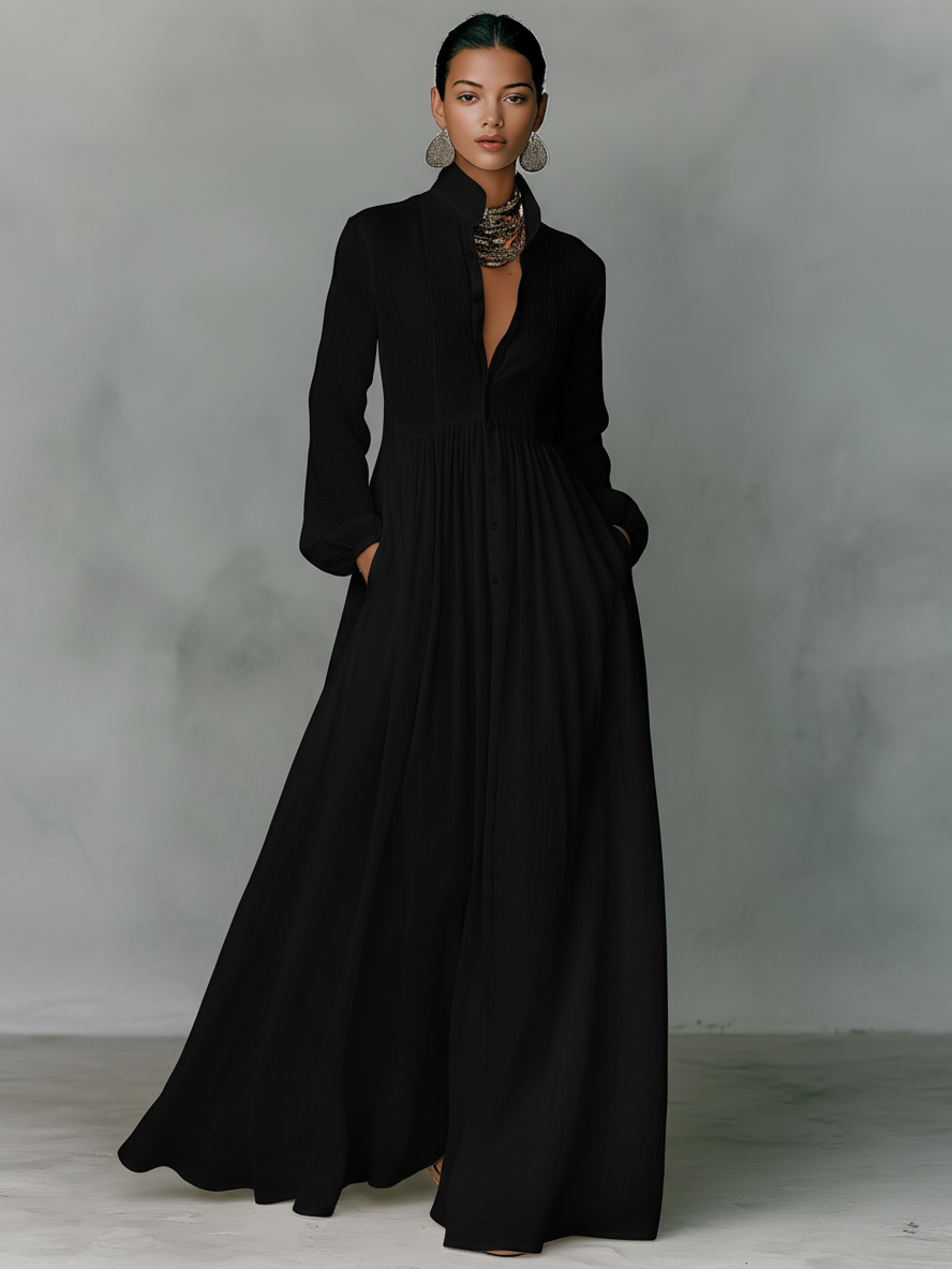 Women's Cotton Linen Maxi Dress - Long Sleeve Patchwork - Casual