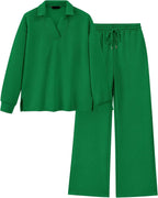 Green textured shirt and pants set on a white background