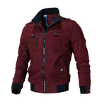 Maroon jacket with black accents on a white background