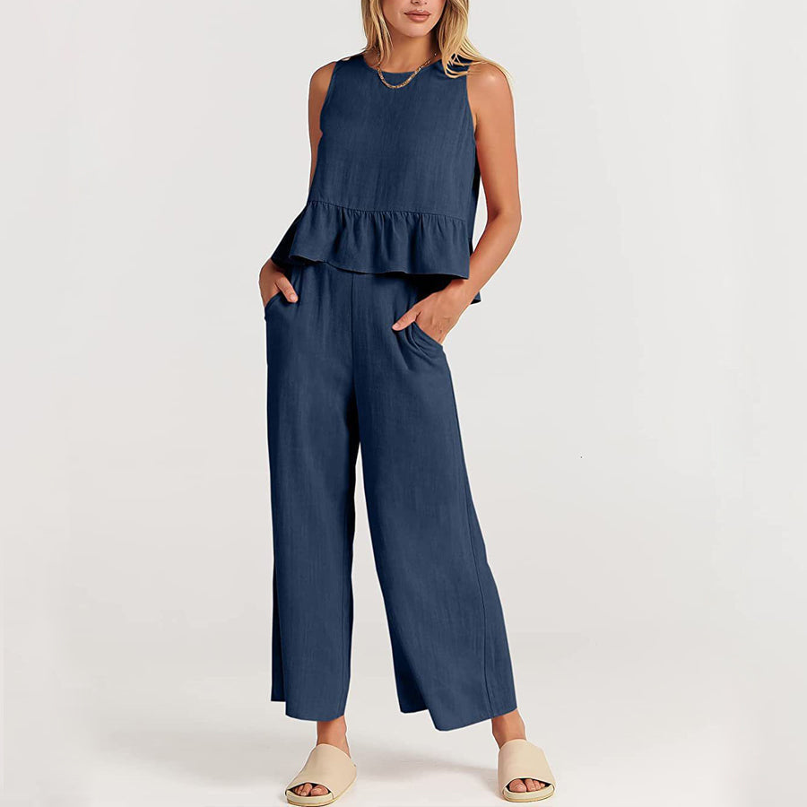 Women's Sleeveless Ruffle Top & Pants Set – Natalie 2-Piece Matching Outfit