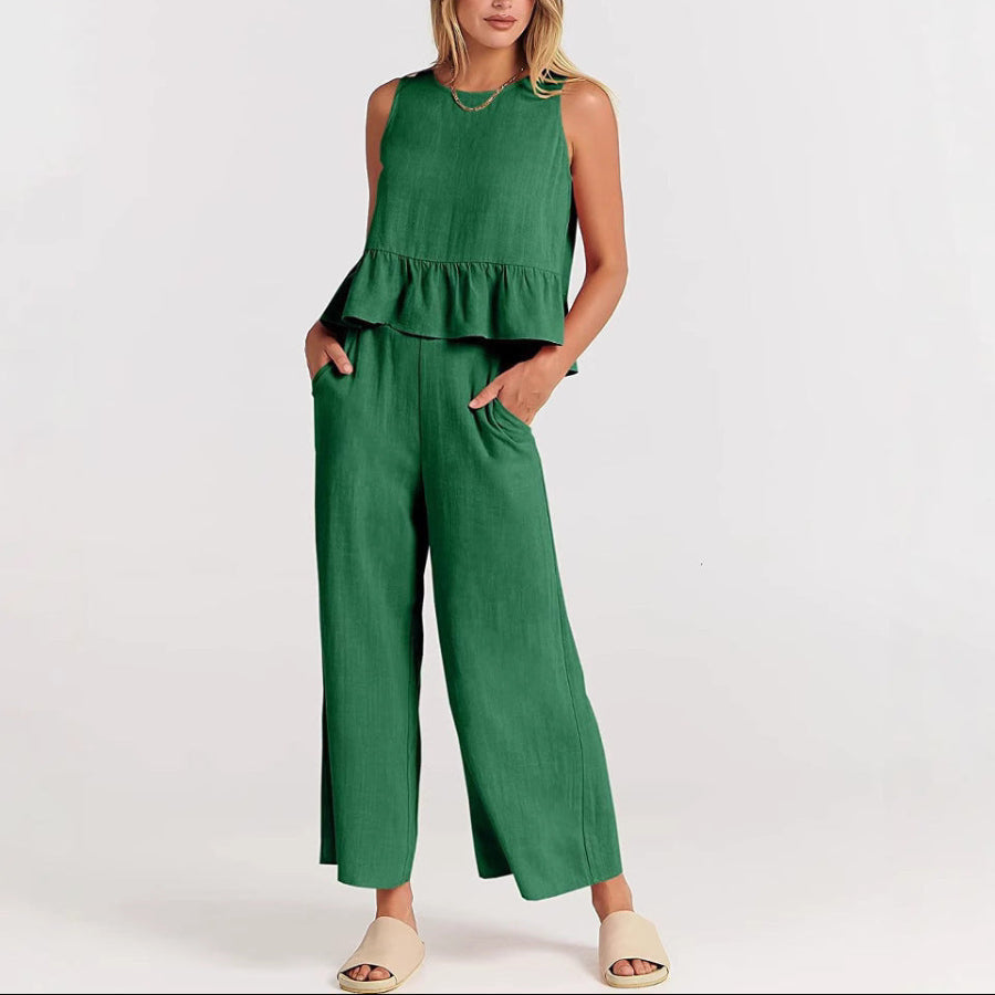 Women's Sleeveless Ruffle Top & Pants Set – Natalie 2-Piece Matching Outfit