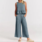 Women's Sleeveless Ruffle Top & Pants Set – Natalie 2-Piece Matching Outfit