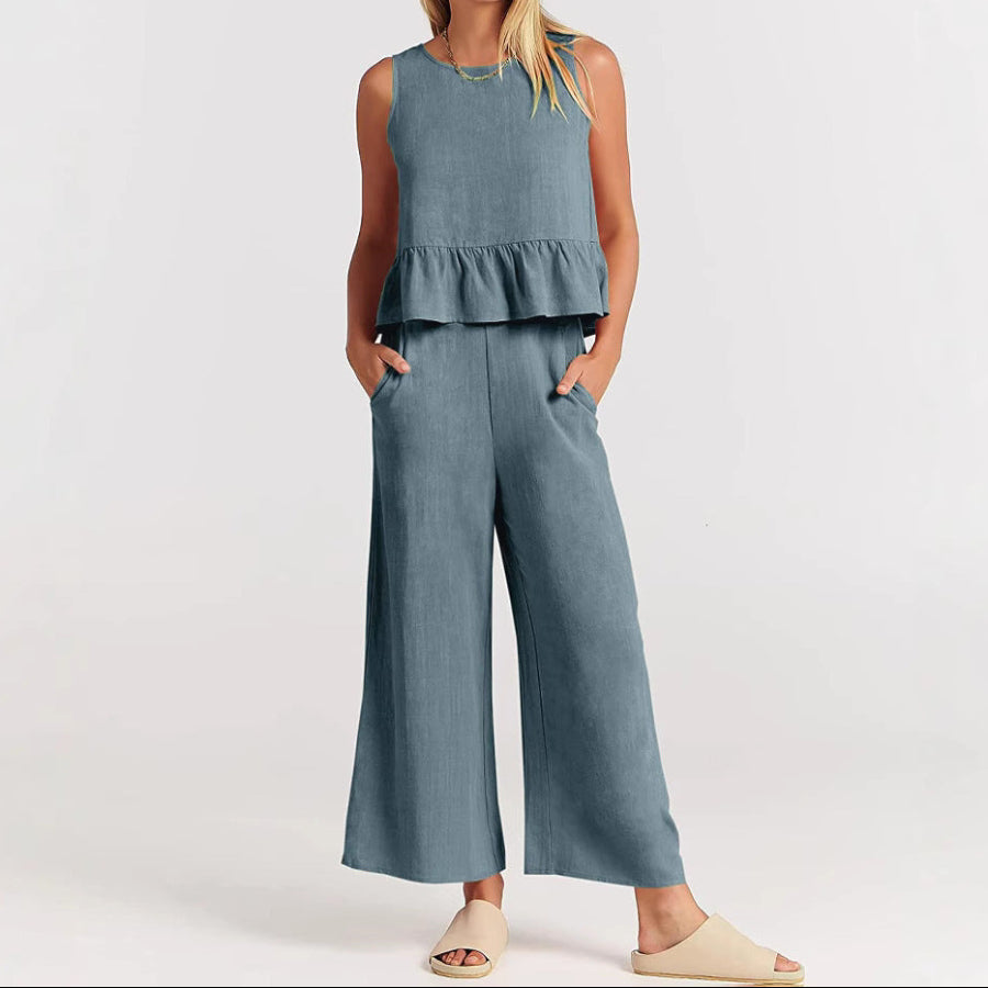 Women's Sleeveless Ruffle Top & Pants Set – Natalie 2-Piece Matching Outfit