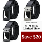 Three black belts with silver buckles on a white background, featuring a promotional message from Bradley & Weston.