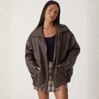 Women's Oversized Faux Leather Jacket | Full-Zip Casual Coat