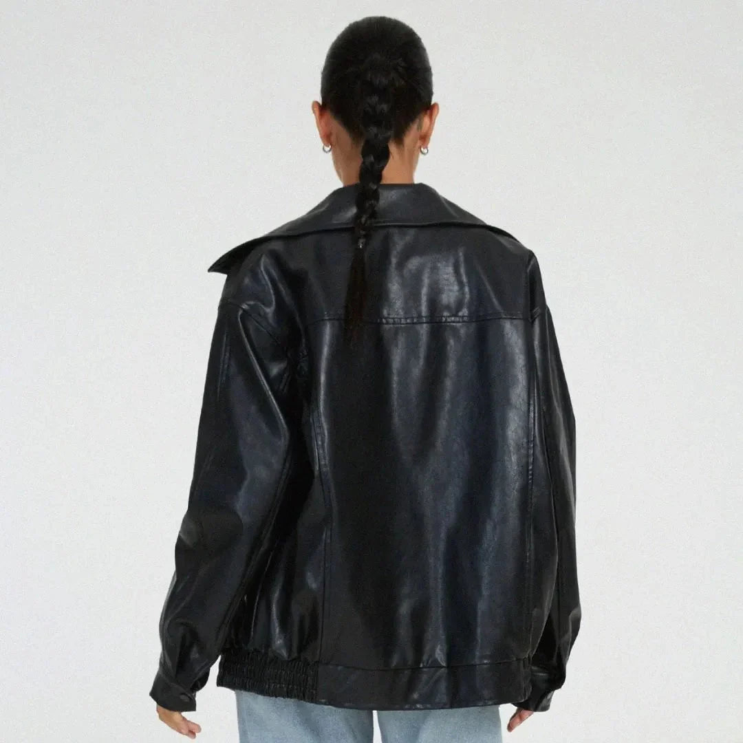 Women's Oversized Faux Leather Jacket | Full-Zip Casual Coat