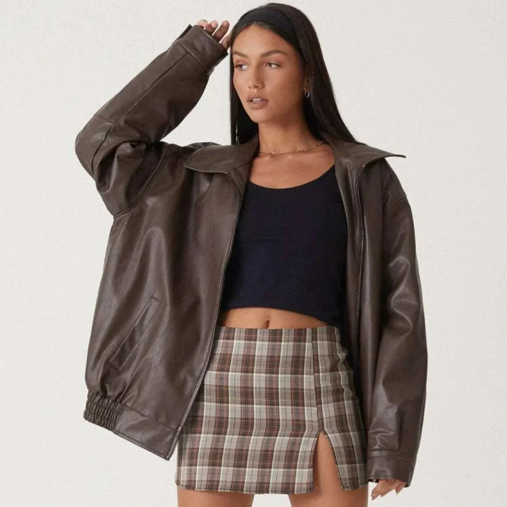 Women's Oversized Faux Leather Jacket | Full-Zip Casual Coat