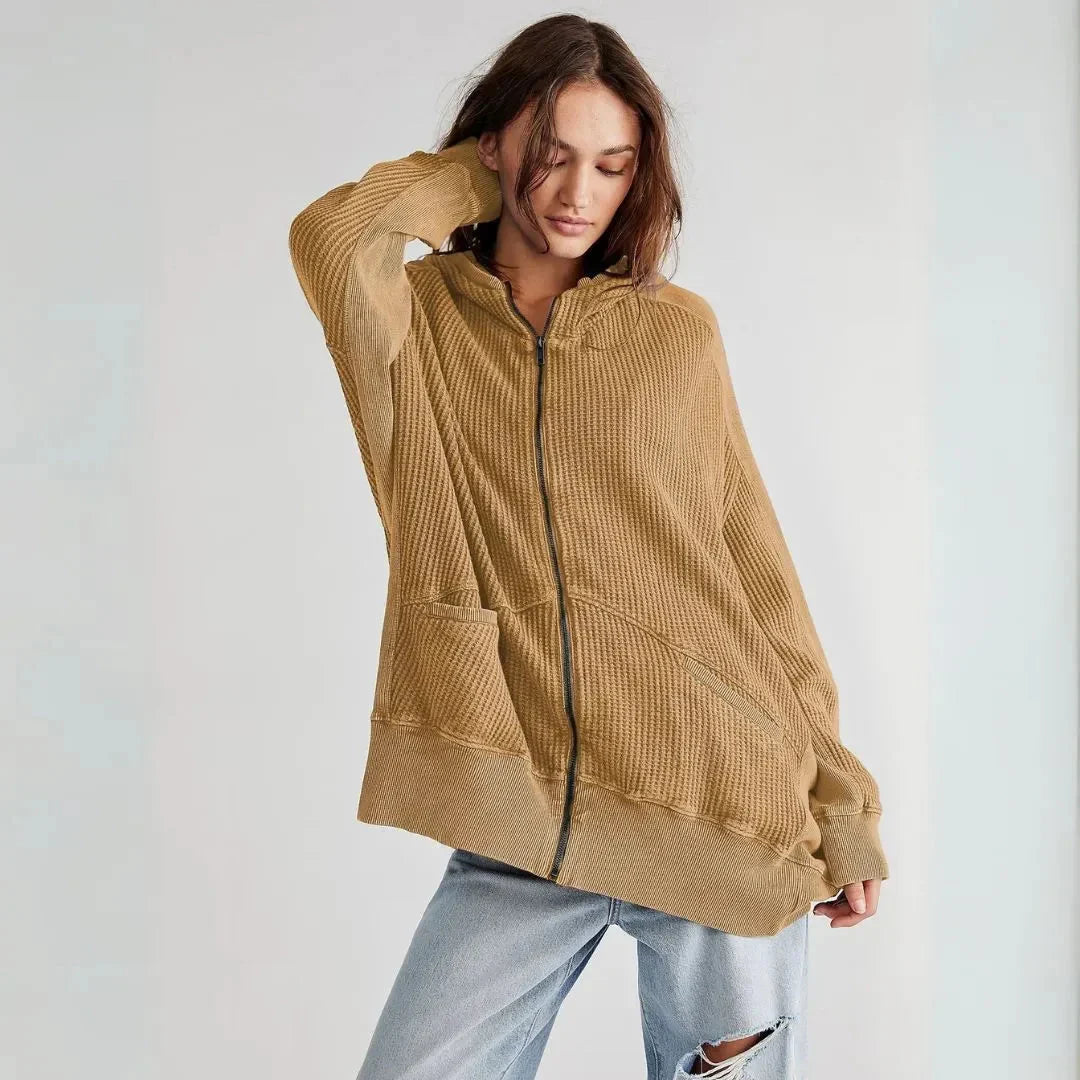 Women's Waffle-Knit Zip Hoodie | Oversized Casual Coat