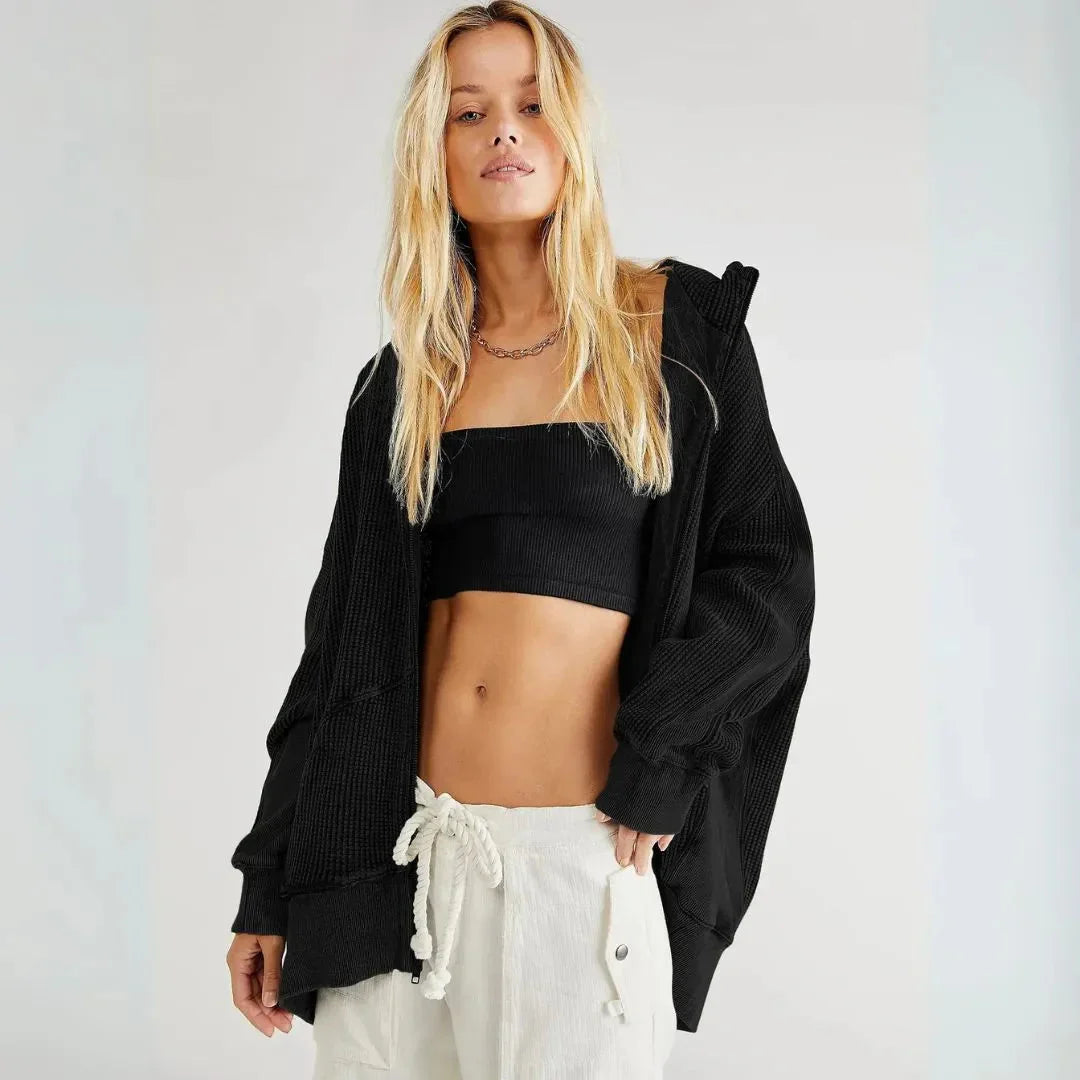 Women's Waffle-Knit Zip Hoodie | Oversized Casual Coat