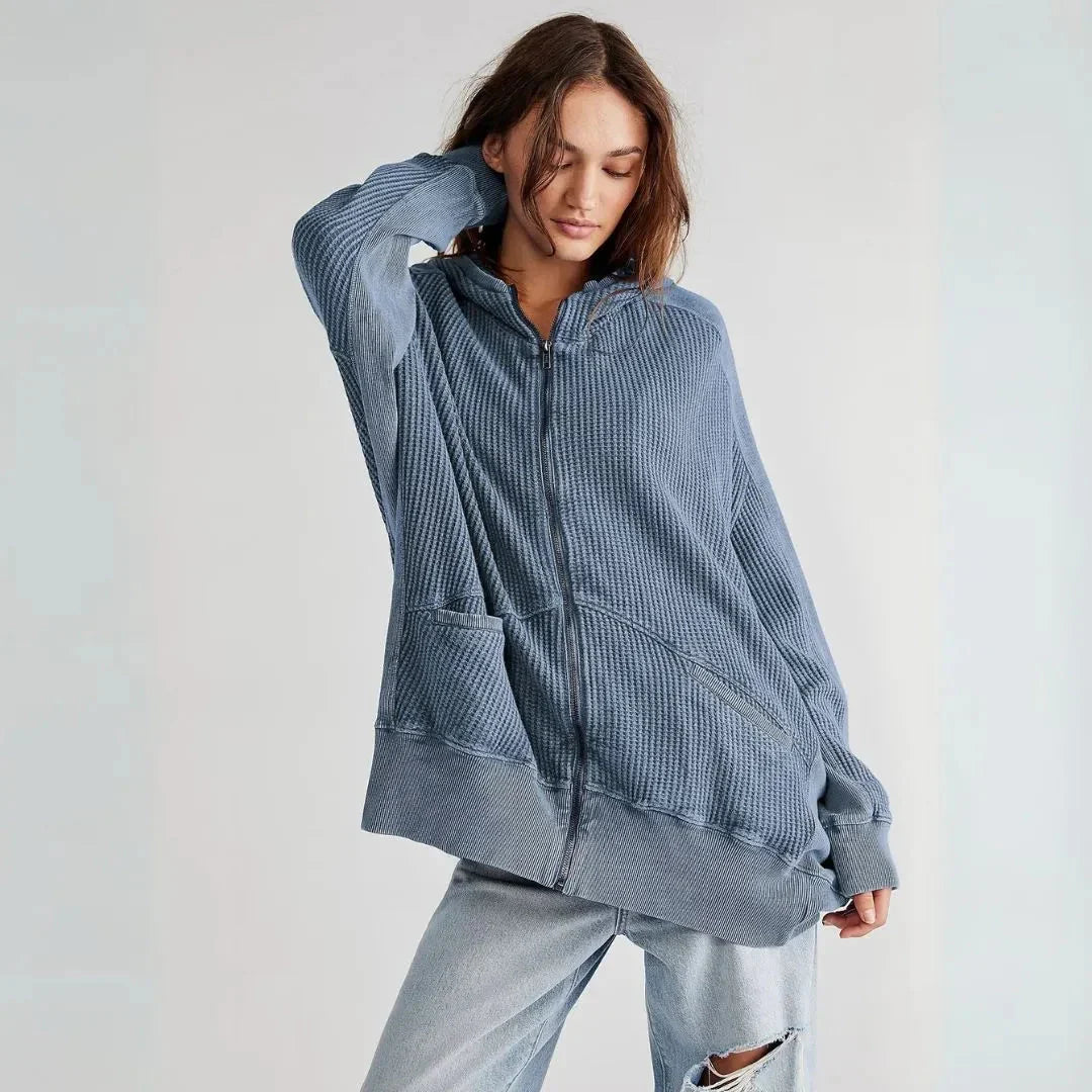 Women's Waffle-Knit Zip Hoodie | Oversized Casual Coat