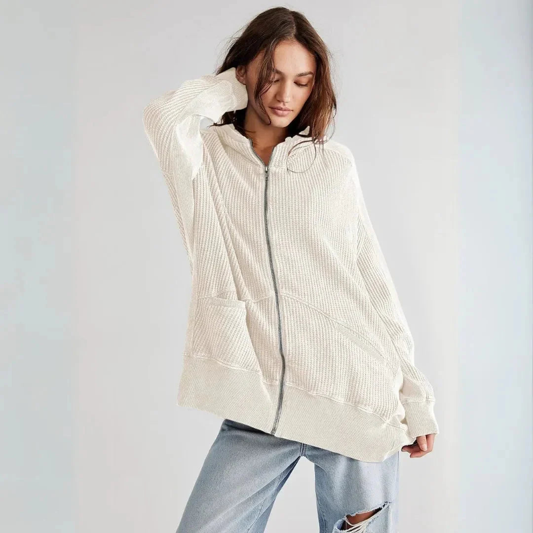 Women's Waffle-Knit Zip Hoodie | Oversized Casual Coat