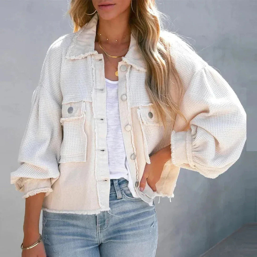 Women's Patchwork Denim Jacket | Waffle-Knit Balloon Sleeve Coat