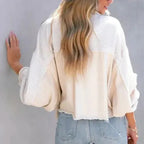 Women's Patchwork Denim Jacket | Waffle-Knit Balloon Sleeve Coat
