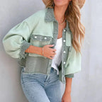 Women's Patchwork Denim Jacket | Waffle-Knit Balloon Sleeve Coat