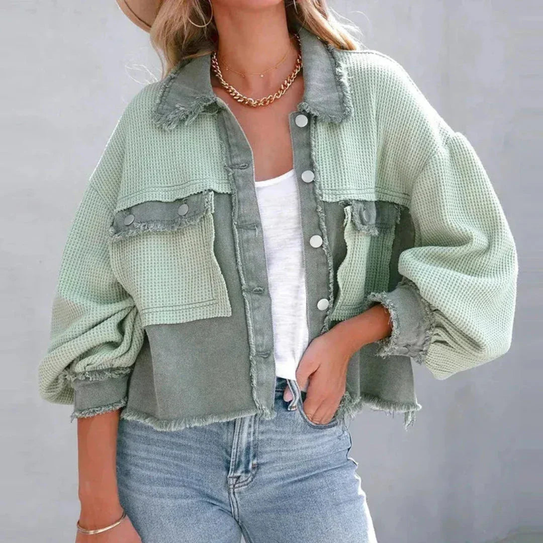 Women's Patchwork Denim Jacket | Waffle-Knit Balloon Sleeve Coat