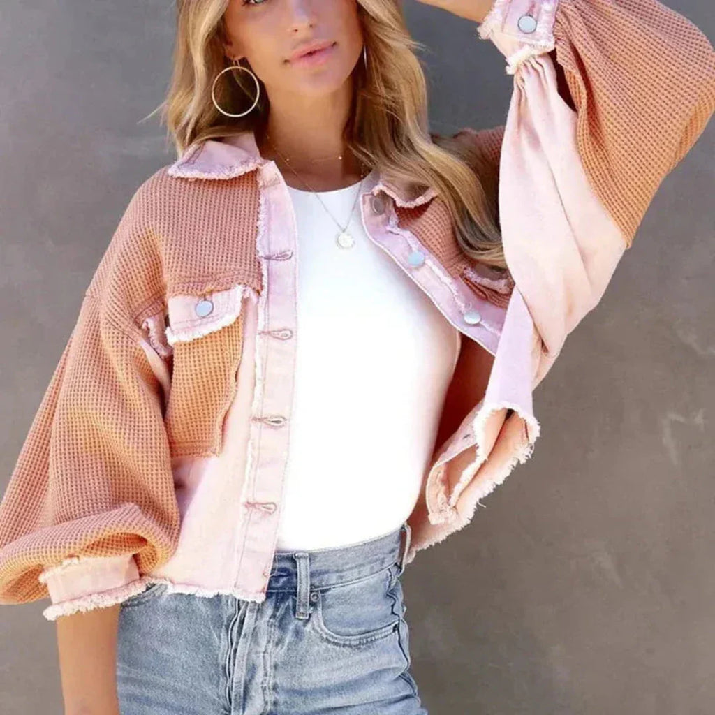 Women's Patchwork Denim Jacket | Waffle-Knit Balloon Sleeve Coat