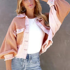 Women's Patchwork Denim Jacket | Waffle-Knit Balloon Sleeve Coat