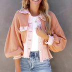 Women's Patchwork Denim Jacket | Waffle-Knit Balloon Sleeve Coat