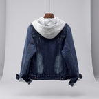 Blue denim jacket with gray hoodie on a white background