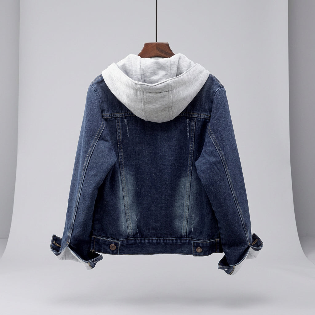 Blue denim jacket with gray hoodie on a white background
