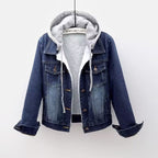 Blue denim jacket with gray hoodie on a white background