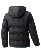 Black puffer jacket with a hood on a white background