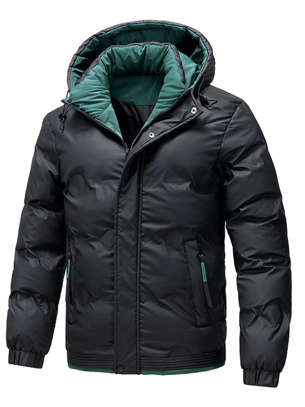 Black winter jacket with green lining on a white background