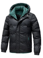 Black winter jacket with green lining on a white background