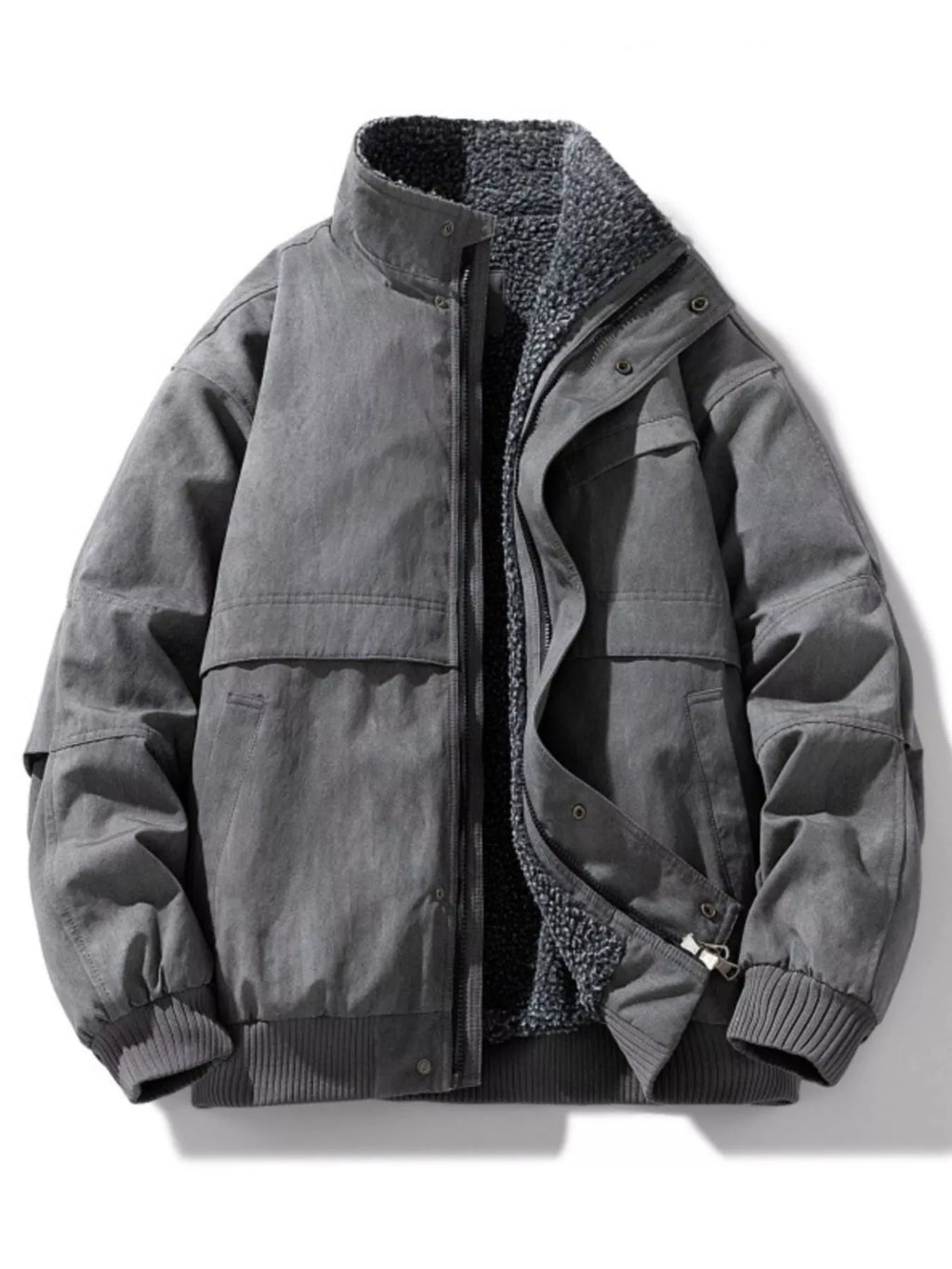 Gray winter jacket with fleece lining on a white background