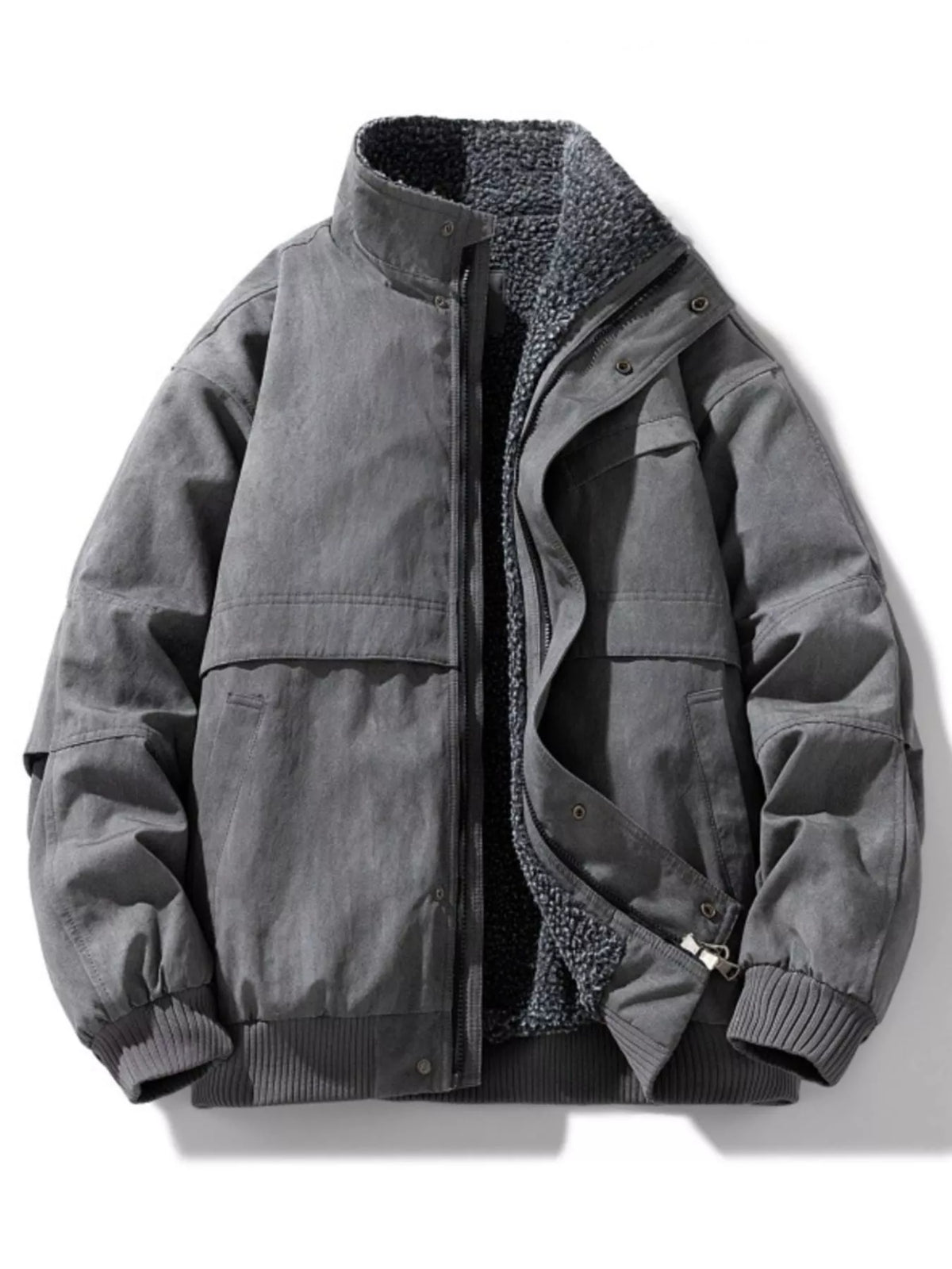 Gray winter jacket with fleece lining on a white background