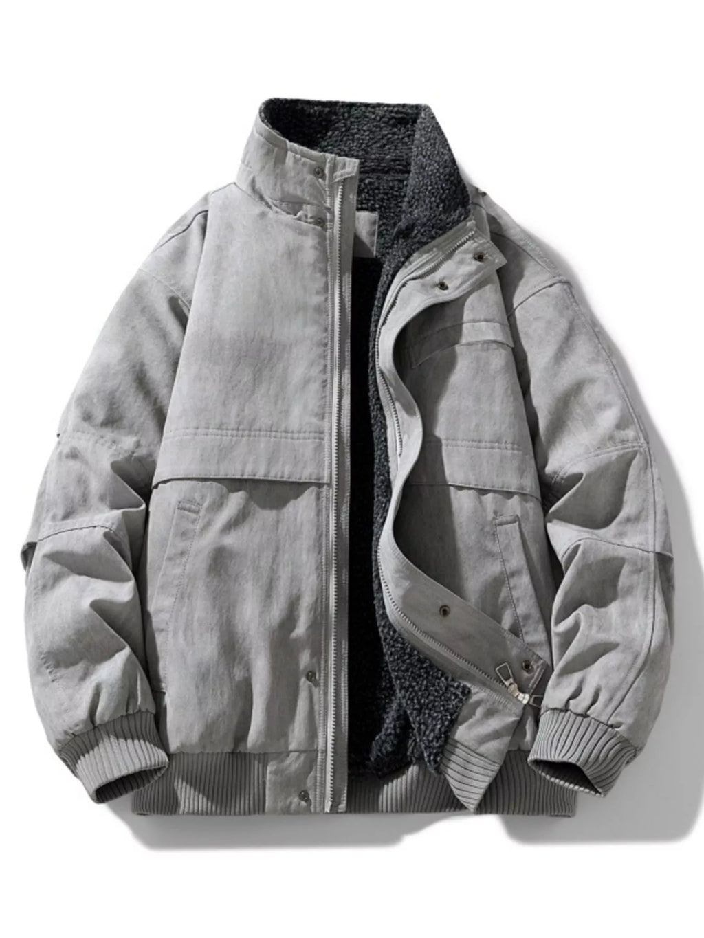 Gray jacket with a textured inner lining on a white background