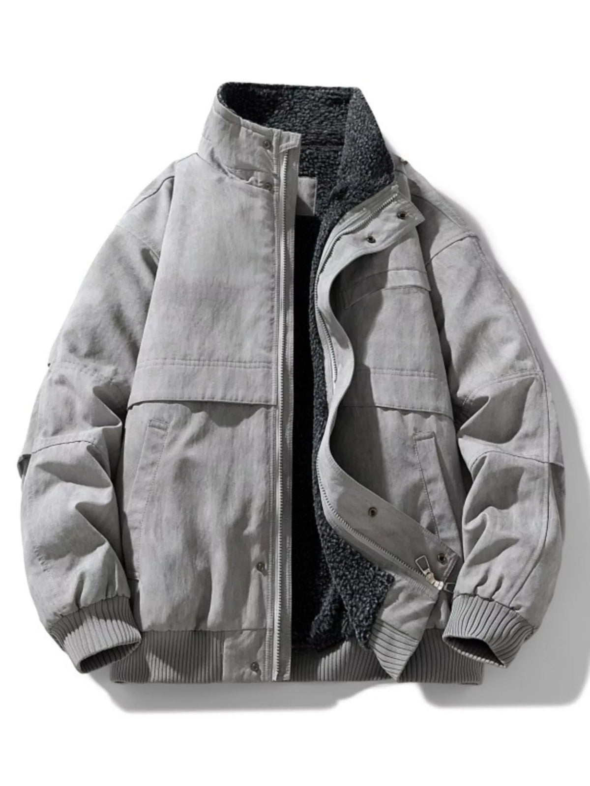 Gray jacket with a textured inner lining on a white background