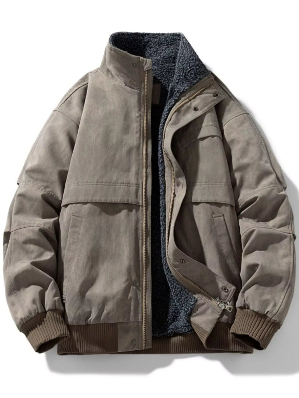 Brown jacket with a textured inner lining on a white background