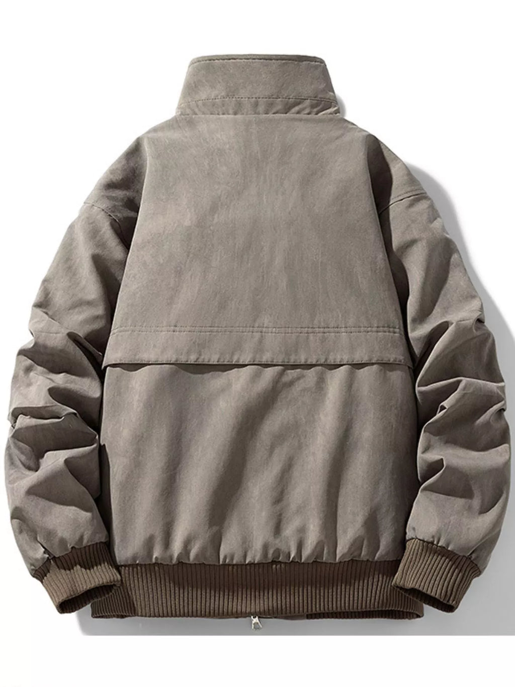 Gray jacket with a contrasting brown trim on a white background